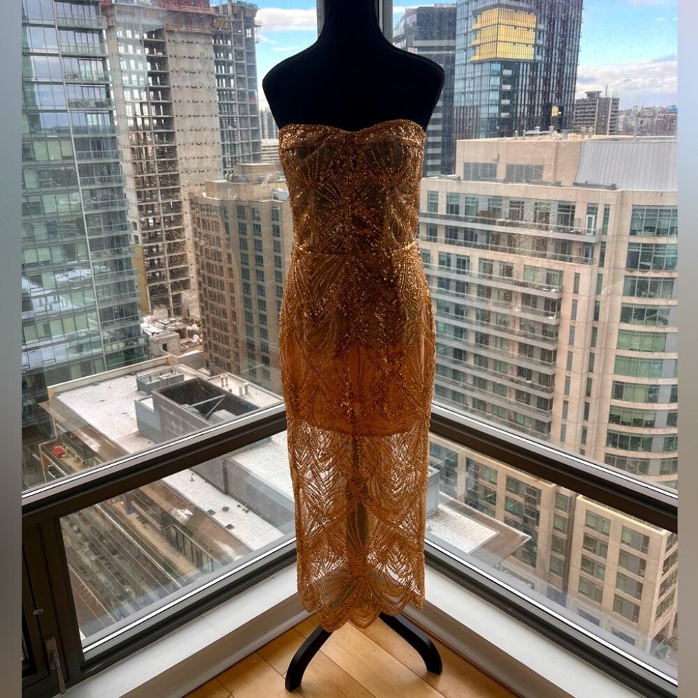 🆕 BRONX & BANCO 🧿 NWOT Giselle Midi Dress, Gold - Size L - Picture 2 of 16